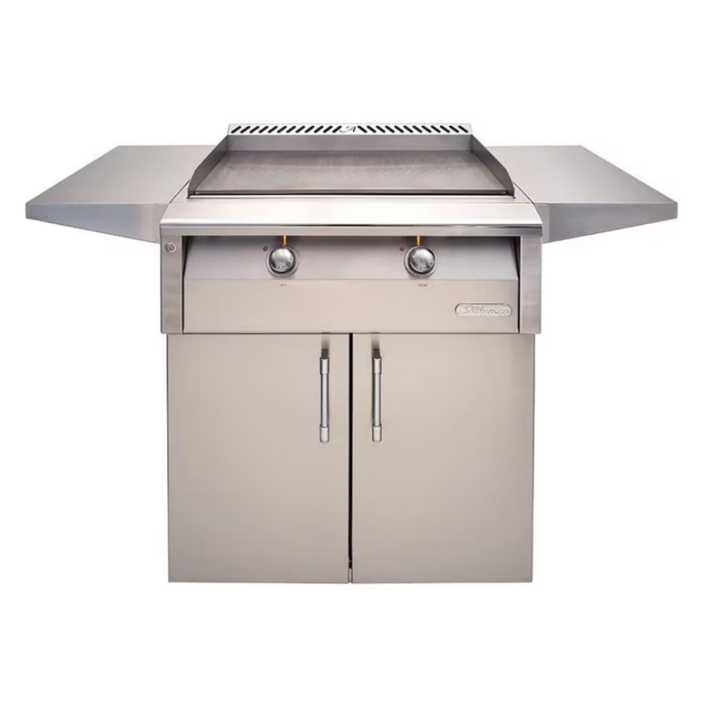 Alfresco 30" Ultramarine Blue Gloss Dual Zone Thermostatically Controlled Gas Griddle Mounted on a 30” 2 Door Cart