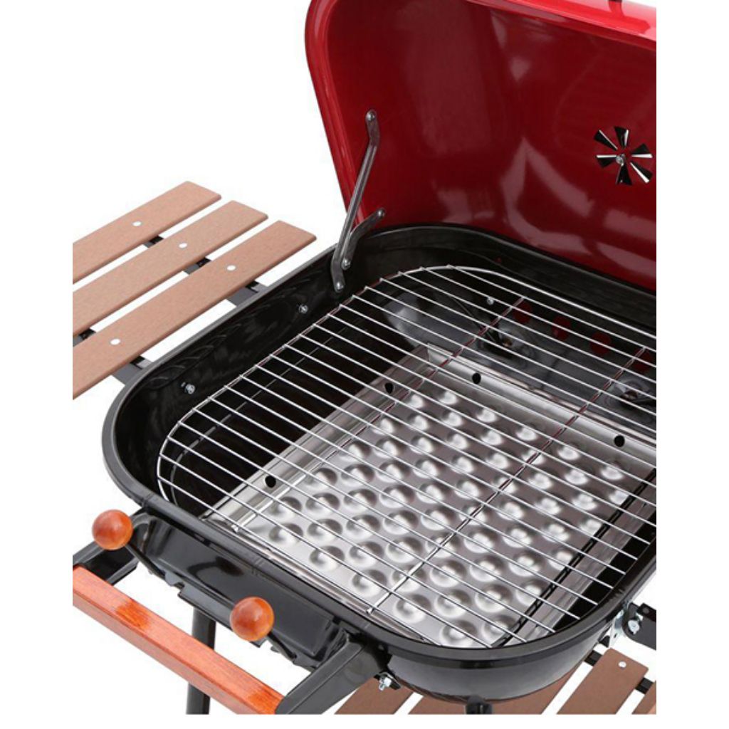 Americana 50" Red Swinger Charcoal Grill with Two Side Tables & Bottom Shelf