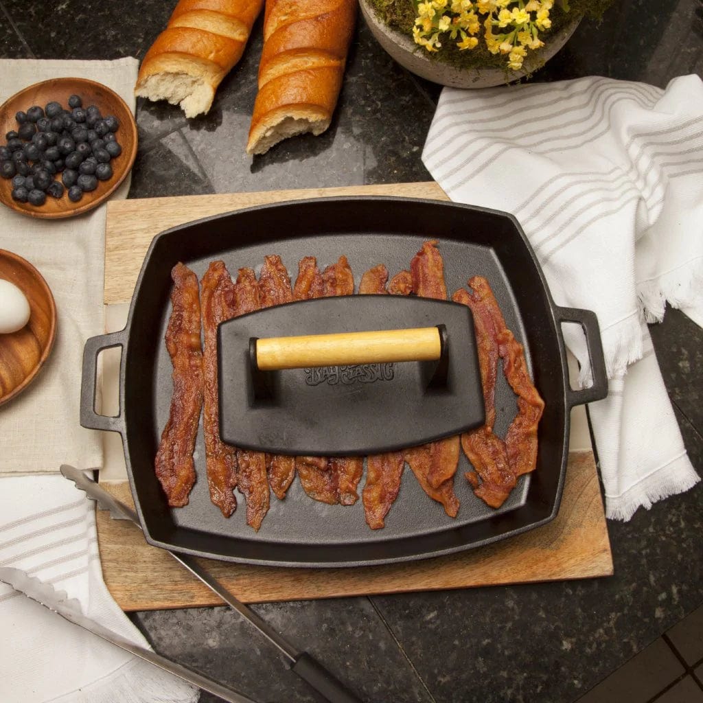 Bayou Classic 14" Cast Iron Shallow Pan and Bacon Press Set