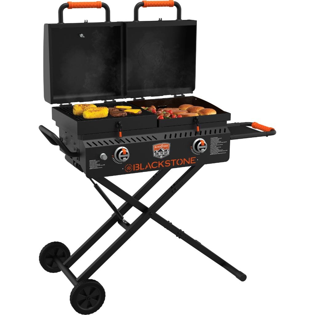 A griddle, smoker, firepit grill table combo
