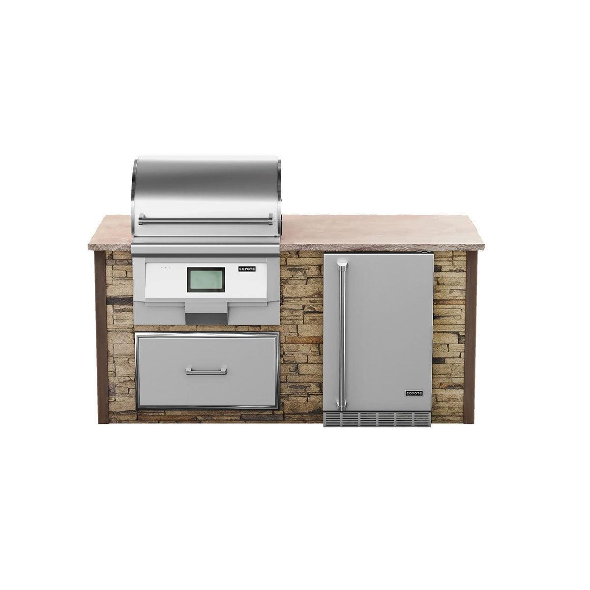 Coyote RTA 6ft Brown Stacked Stone Premium Pellet Grill Island With Refrigeration