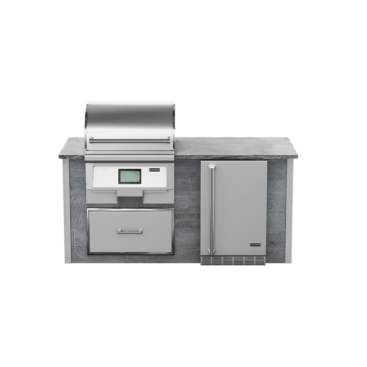Coyote RTA 6ft Gray Weathered Wood Premium Pellet Grill Island With Refrigeration