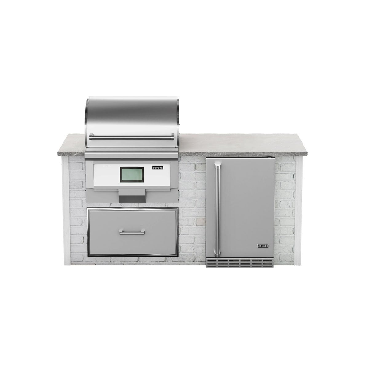 Coyote RTA 6ft White Reclaimed Brick Premium Pellet Grill Island With Refrigeration