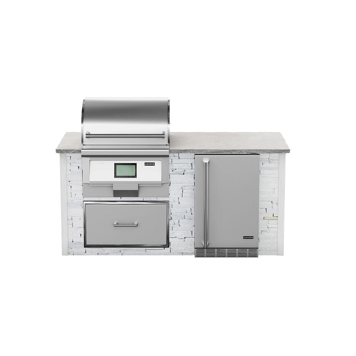 Coyote RTA 6ft White Stacked Stone Premium Pellet Grill Island With Refrigeration