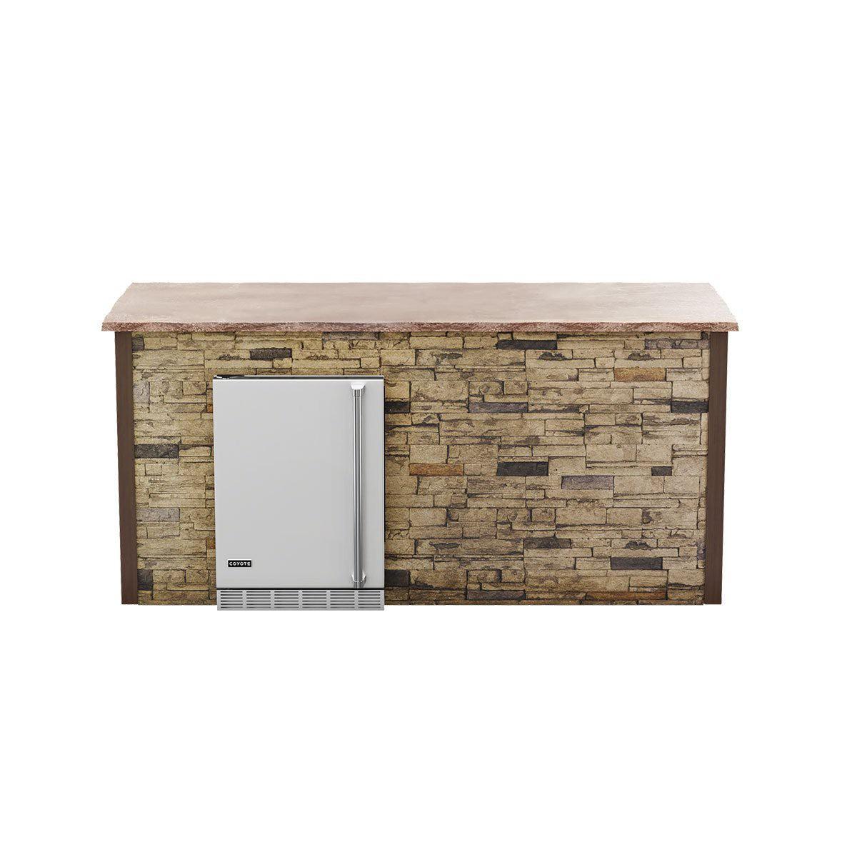 Coyote RTA 8ft Brown Stacked Stone Refrigeration Bar Island on Left