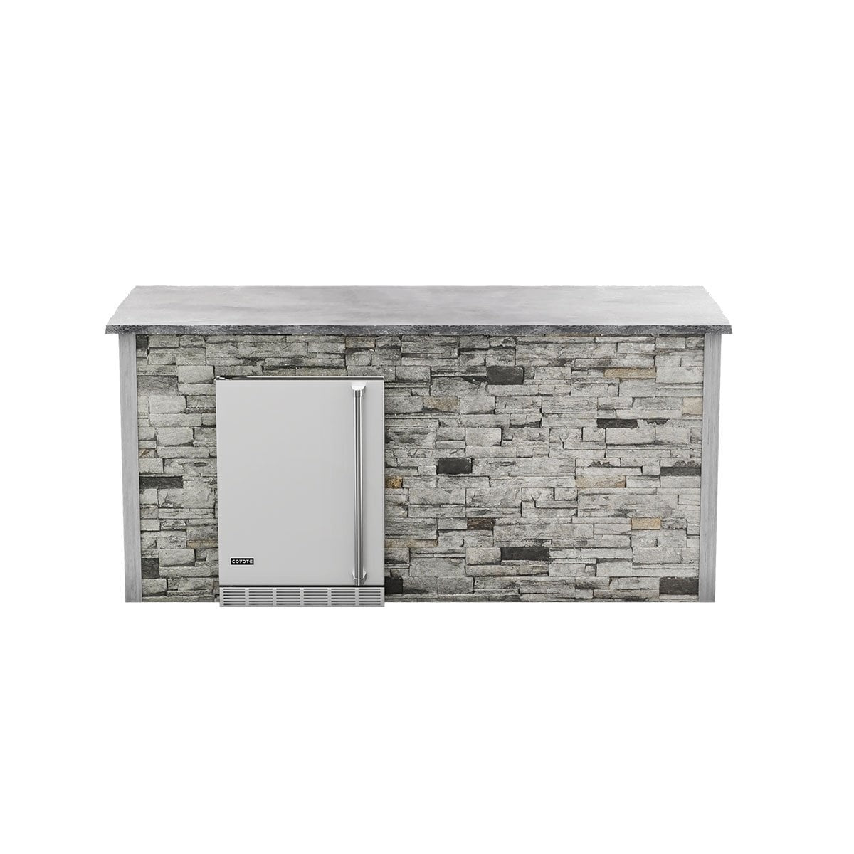 Coyote RTA 8ft Gray Stacked Stone Refrigeration Bar Island on Left