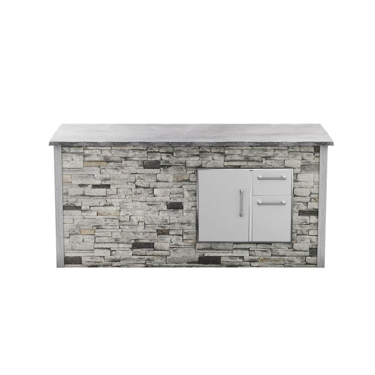 Coyote RTA 8ft Gray Stacked Stone Storage Bar Island on Right