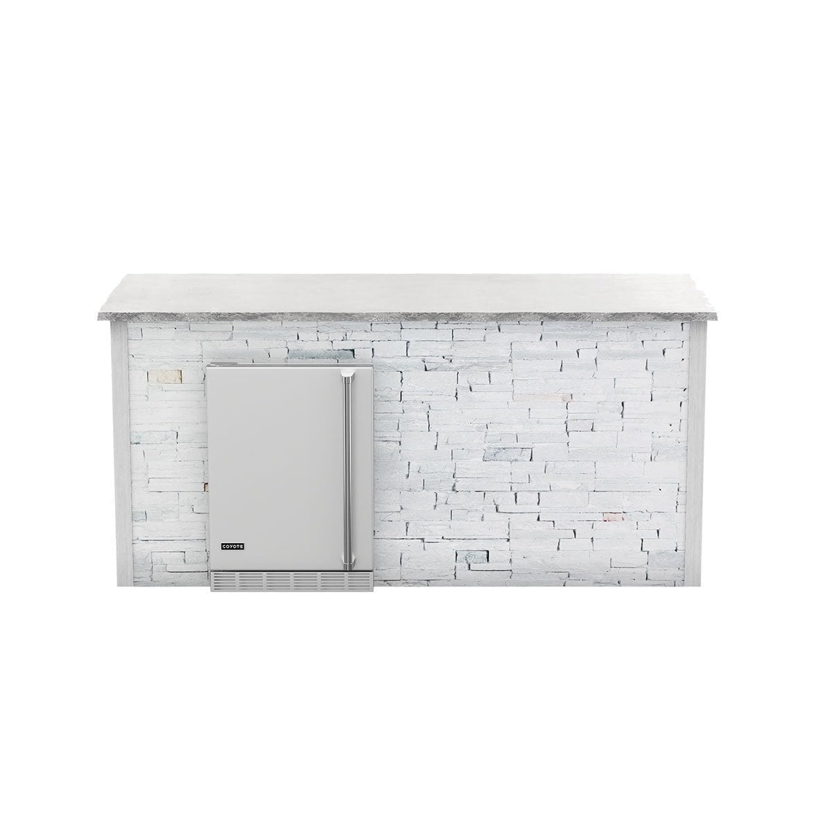 Coyote RTA 8ft White Stacked Stone Refrigeration Bar Island on Left