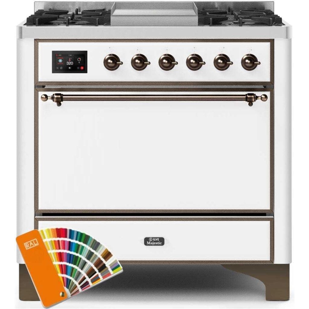 ILVE 36” 6 Sealed Burners Majestic II Series Freestanding Dual Fuel Natural Gas Range with Griddle
