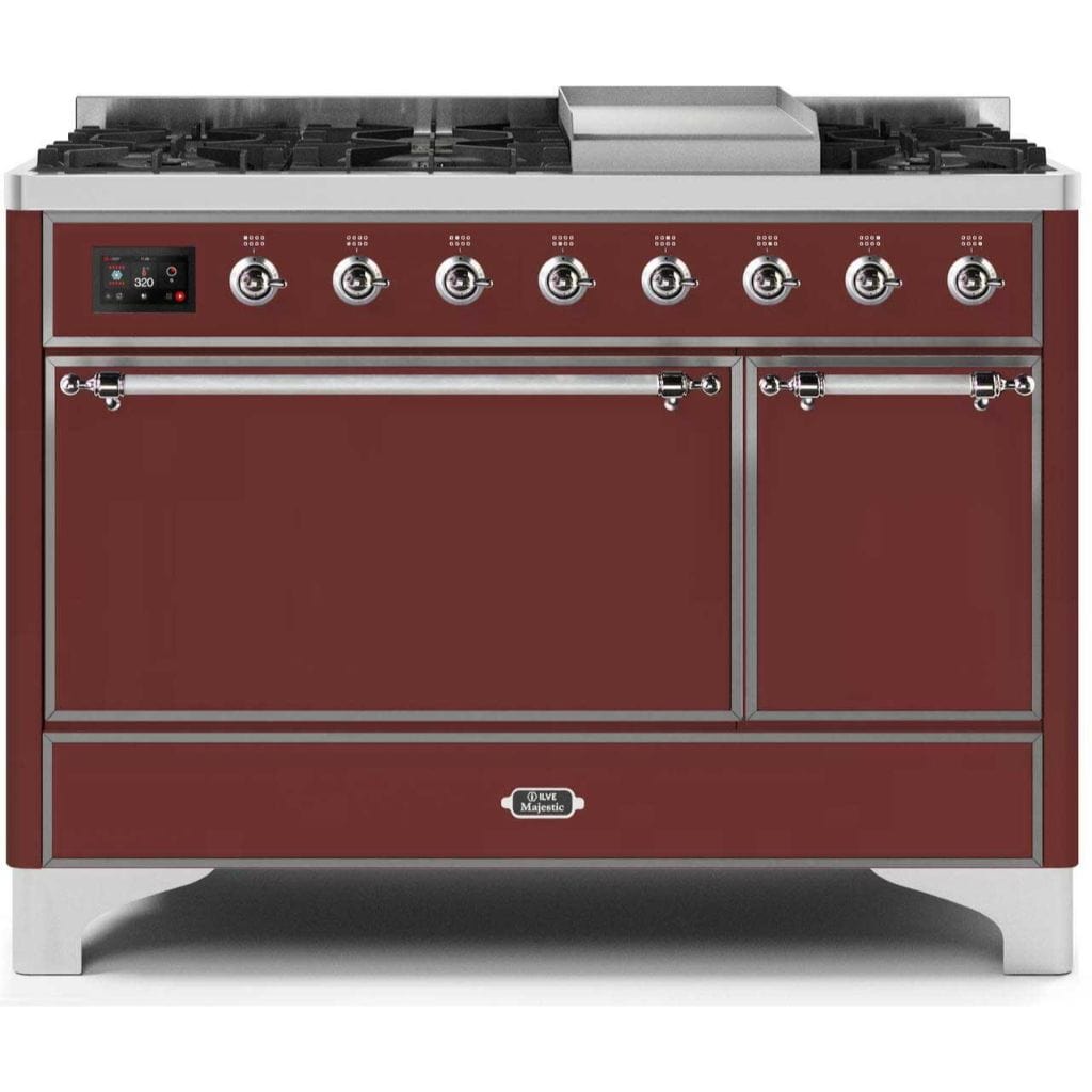 ILVE 48” 8 Sealed Burners Majestic II Series Freestanding Dual Fuel Liquid Propane Range with Trim