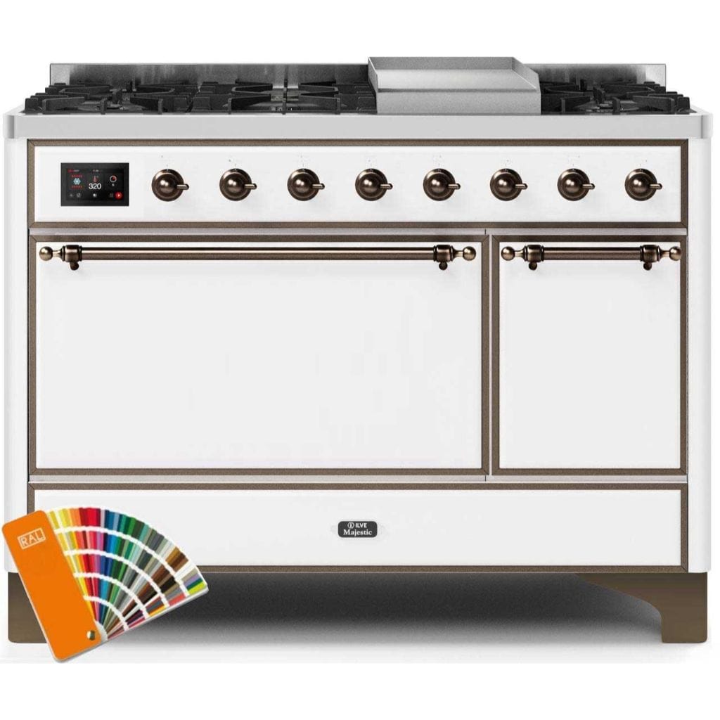 ILVE 48” 8 Sealed Burners Majestic II Series Freestanding Dual Fuel Natural Gas Range with Trim