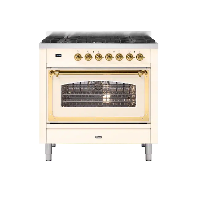 ILVE Nostalgie II Series 30" Antique White With Brass Trim Freestanding Liquid Propane Range With 5 Sealed Brass Gas Burners, 3 Cu. Ft. Single Oven