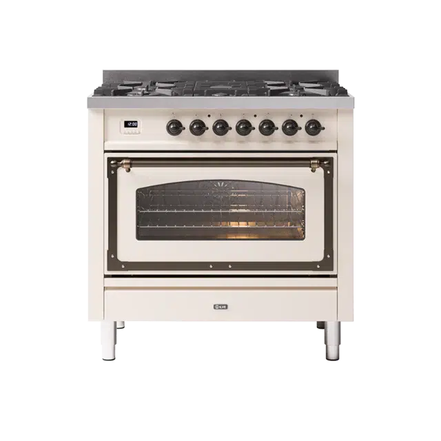 ILVE Nostalgie II Series Antique White Freestanding Single Oven Natural Gas Range In Bronze Trim With 5 Sealed Brass Gas Burners