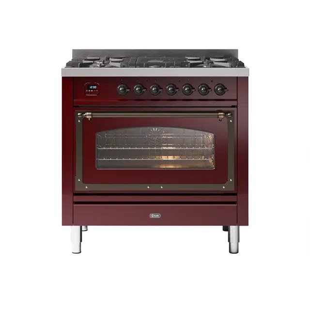 ILVE Nostalgie II Series Burgundy Red Freestanding Single Oven Induction Range In Bronze Trim With 4 Zones