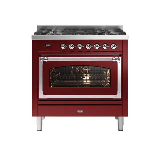 ILVE Nostalgie II Series Burgundy Red Freestanding Single Oven Natural Gas Range In Chrome Trim With 5 Sealed Brass Gas Burners