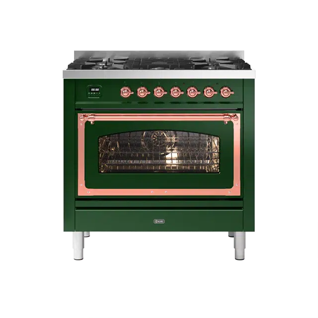 ILVE Nostalgie II Series Emerald Green Freestanding Single Oven Natural Gas Range In Copper Trim With 5 Sealed Brass Gas Burners