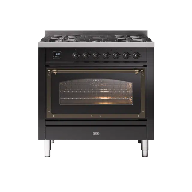 ILVE Nostalgie II Series Glossy Black Freestanding Single Oven Induction Range In Bronze Trim With 4 Zones