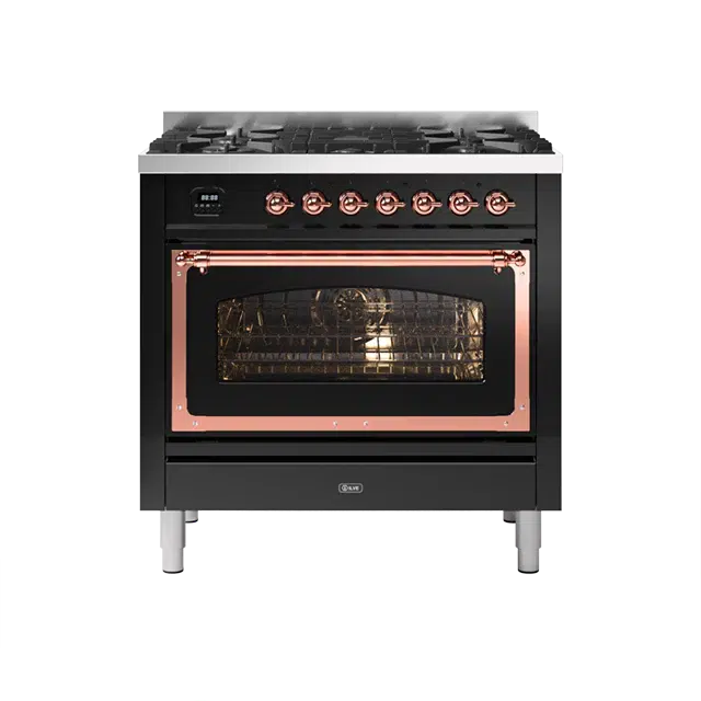ILVE Nostalgie II Series Glossy Black Freestanding Single Oven Liquid Propane Range In Copper Trim With 5 Sealed Brass Gas Burners