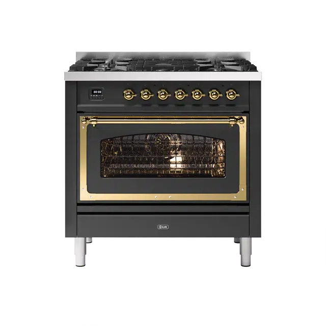 ILVE Nostalgie II Series Matte Graphite Freestanding Single Oven Liquid Propane Range In Brass Trim With 5 Sealed Brass Gas Burners