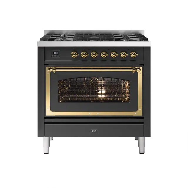 ILVE Nostalgie II Series Matte Graphite Freestanding Single Oven Natural Gas Range In Brass Trim With 5 Sealed Brass Gas Burners