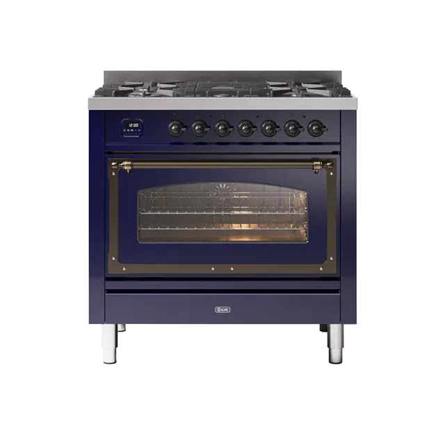 ILVE Nostalgie II Series Midnight Blue Freestanding Single Oven Liquid Propane Range In Bronze Trim With 5 Sealed Brass Gas Burners