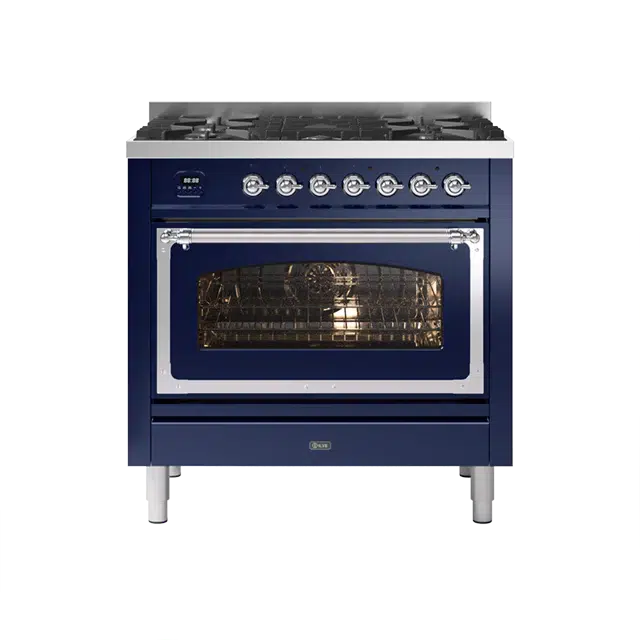 ILVE Nostalgie II Series Midnight Blue Freestanding Single Oven Natural Gas Range In Chrome Trim With 5 Sealed Brass Gas Burners