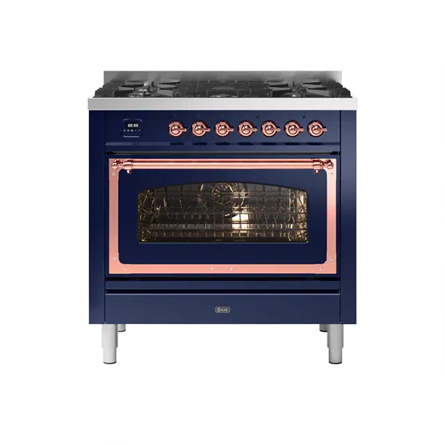 ILVE Nostalgie II Series Midnight Blue Freestanding Single Oven Natural Gas Range In Copper Trim With 5 Sealed Brass Gas Burners
