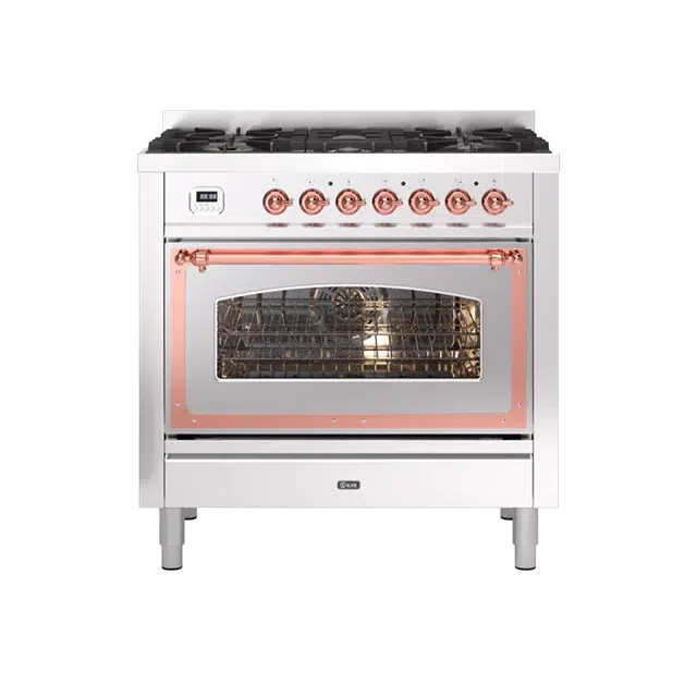 ILVE Nostalgie II Series Stainless Steel Freestanding Single Oven Liquid Propane Range In Copper Trim With 5 Sealed Brass Gas Burners