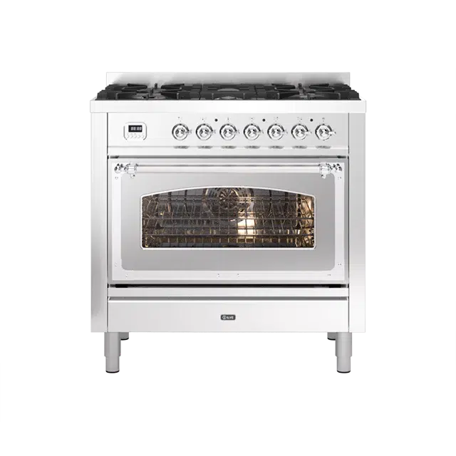 ILVE Nostalgie II Series Stainless Steel Freestanding Single Oven Natural Gas Range In Chrome Trim With 5 Sealed Brass Gas Burners