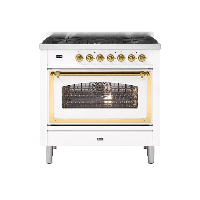 ILVE Nostalgie II Series White Freestanding Single Oven Natural Gas Range In Brass Trim With 5 Sealed Brass Gas Burners