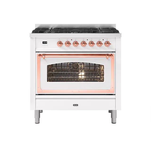 ILVE Nostalgie II Series White Freestanding Single Oven Natural Gas Range In Copper Trim With 5 Sealed Brass Gas Burners