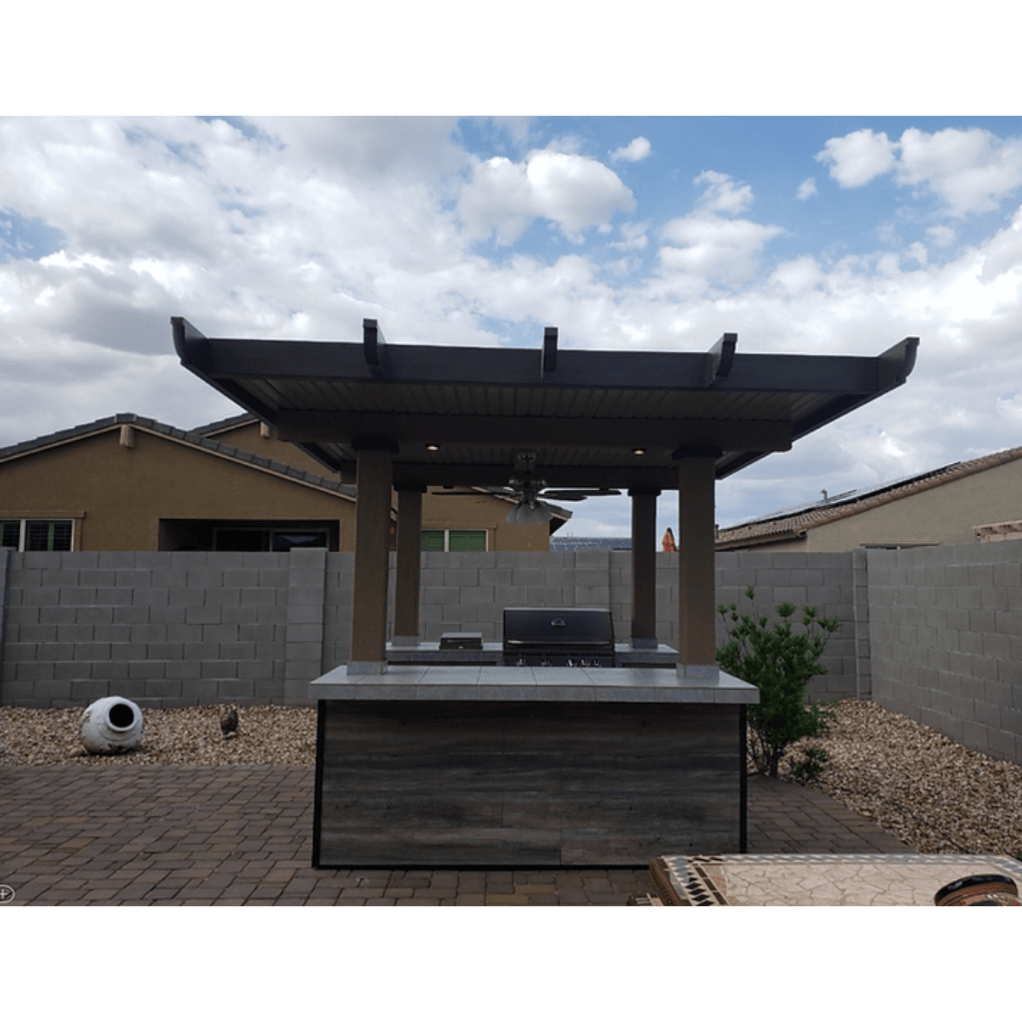 Kokomo Grills Built-In BBQ Island with Pergola 4 Burner BBQ Grill Wood Siding and Fan