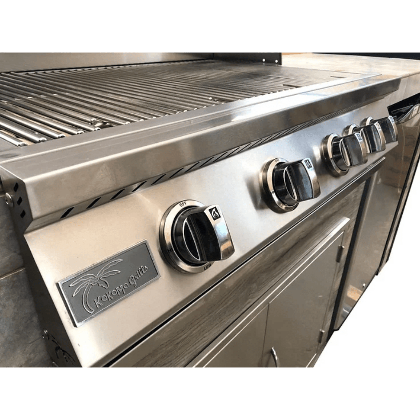 Kokomo Grills Elite 6' Natural Gas BBQ Island With Built-in BBQ Grill Drift Wood Look Siding Doors