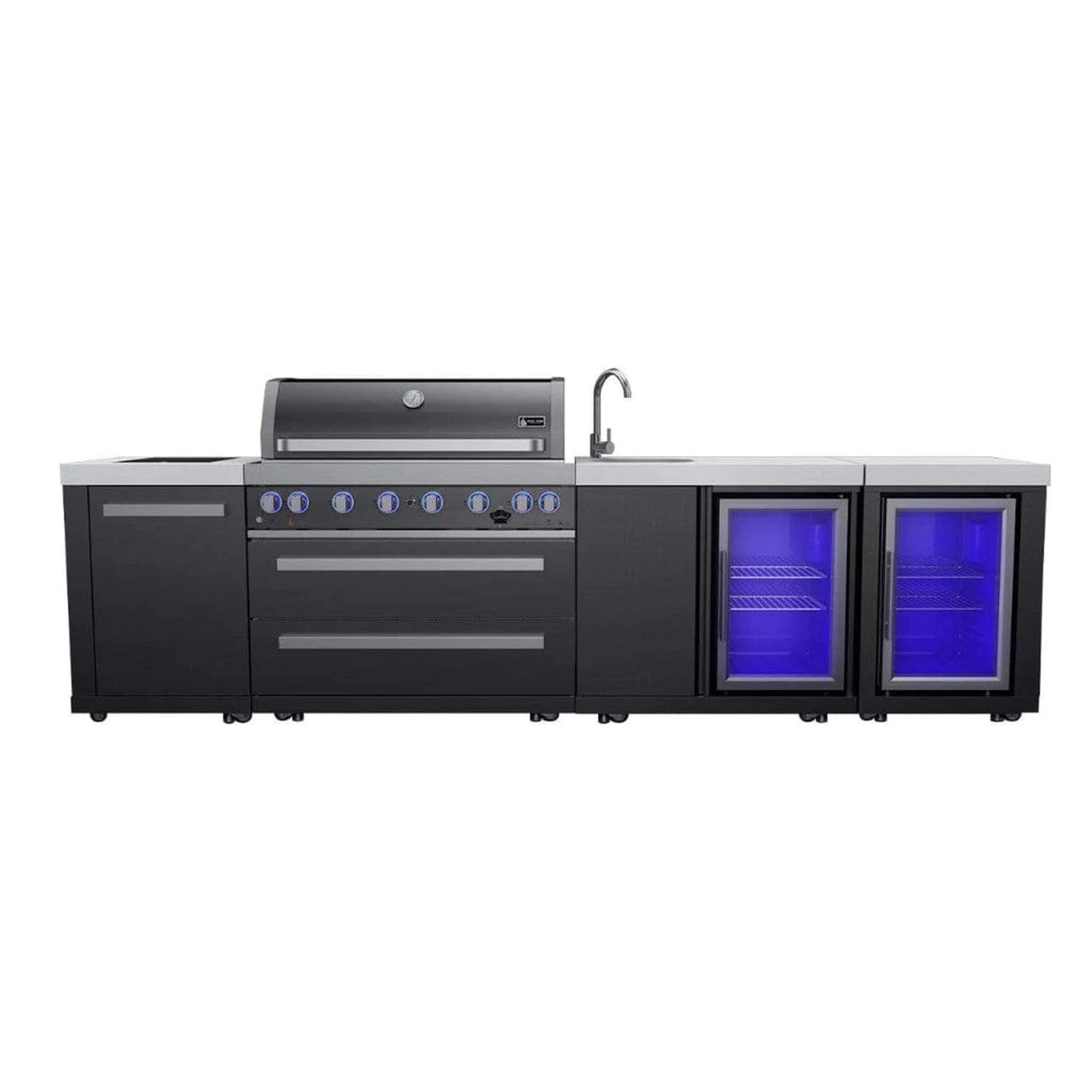 Mont Alpi 805 Deluxe Gas Island Grill with Beverage Center, Fridge Cabinet, Infrared Side Burner & Rotisserie Kit