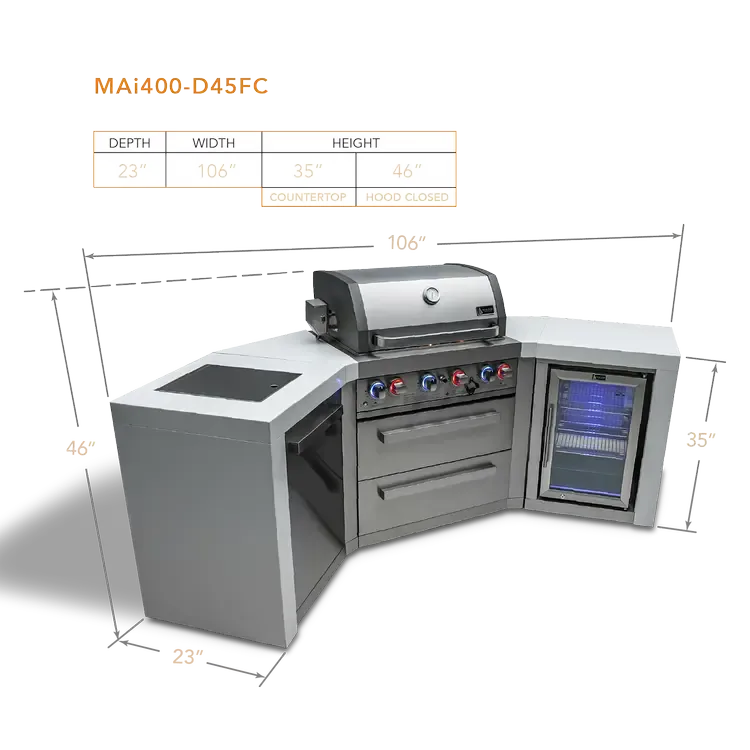 Mont Alpi Deluxe 400 106" Stainless Steel 4-Burners Gas Island With Infrared Side/Rear Burner, Rotisserie Kit, 45-Degree Corners and Fridge Cabinet