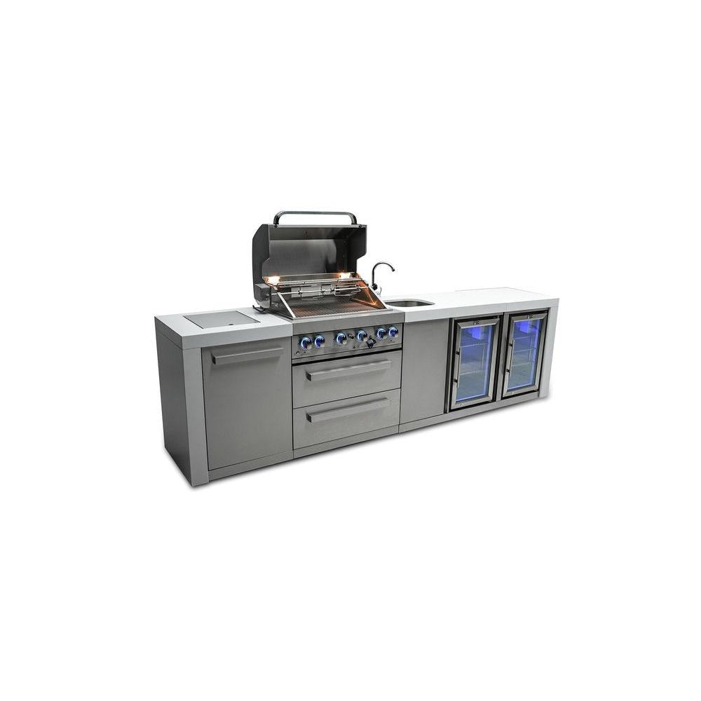 Mont Alpi Deluxe 400 120" Stainless Steel 4-Burner Gas Island Grill With Infrared Side/Rear Burners, Rotisserie Kit, Beverage Center and Fridge Cabinet