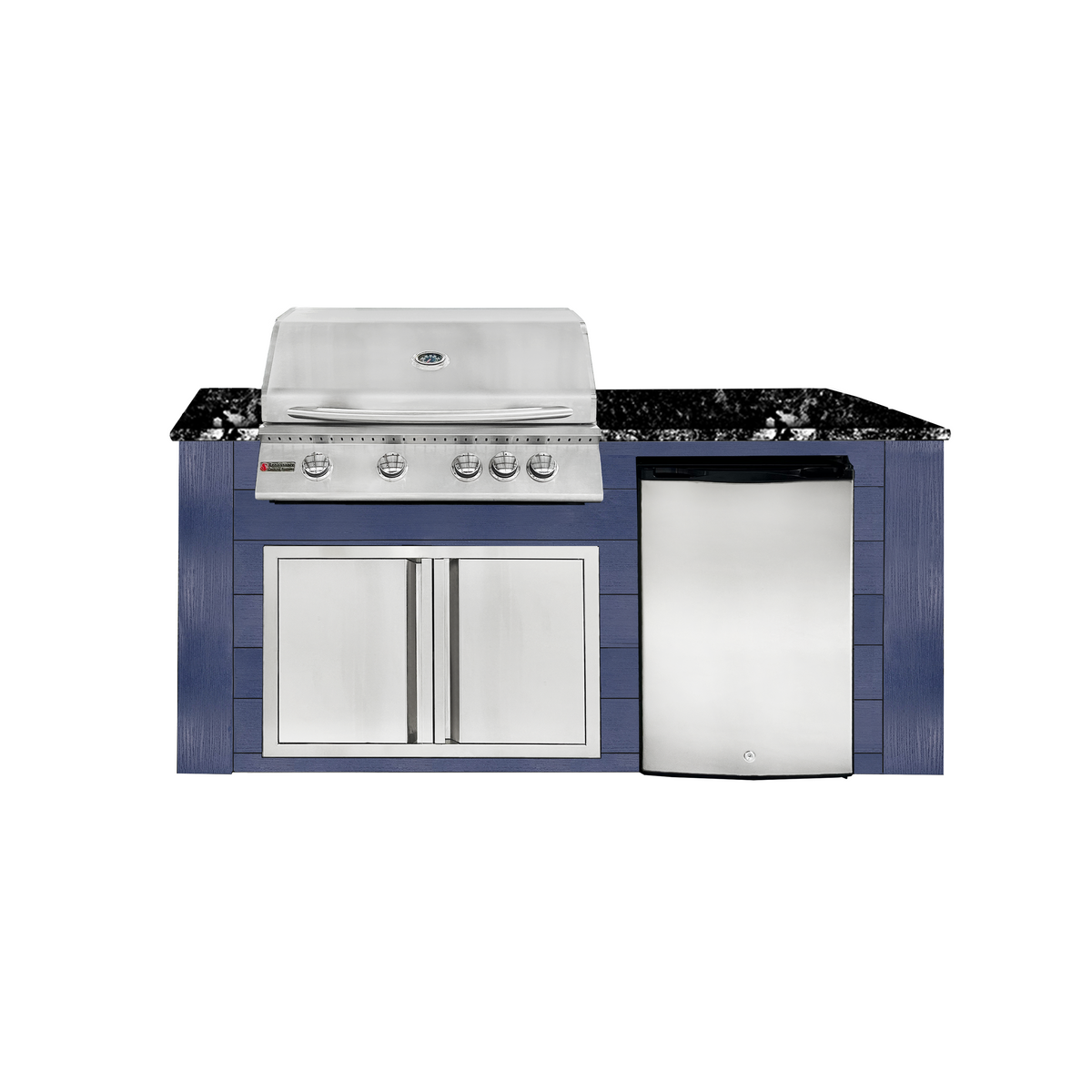Renaissance Pro-Fit 6-Ft Outdoor Island With Black Granite Countertop, Blue Cabinet, 32" Propane Gas Grill, Double Door and Refrigerator