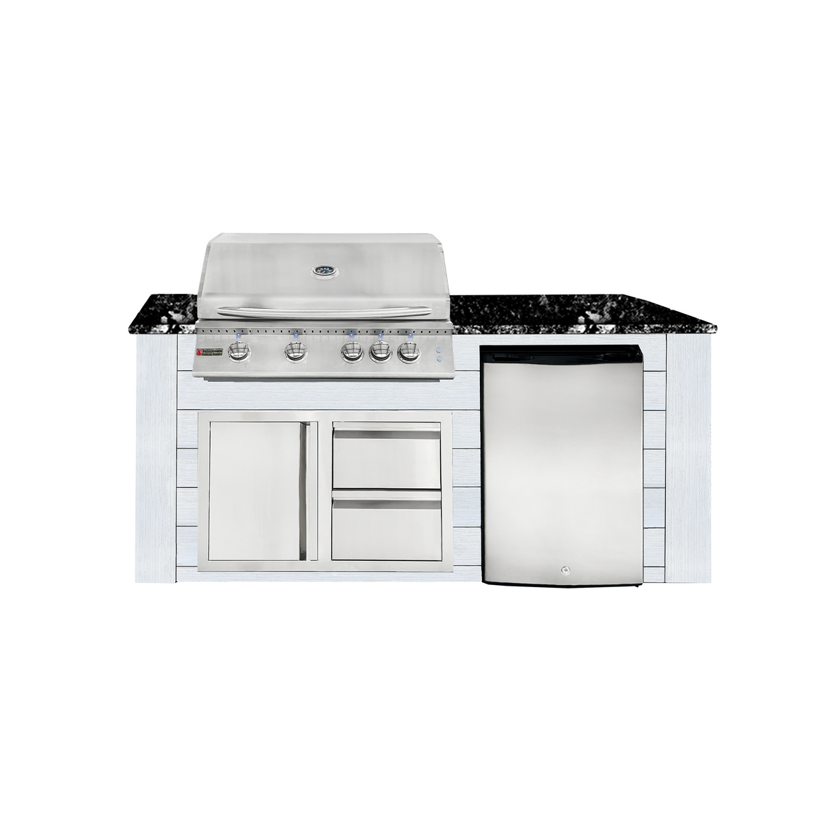 Renaissance Pro-Fit 6-Ft Outdoor Island With Black Granite Countertop, White Cabinet, 32" Propane Gas Grill With Lights, Left-Swing Double Drawer/Door and Refrigerator