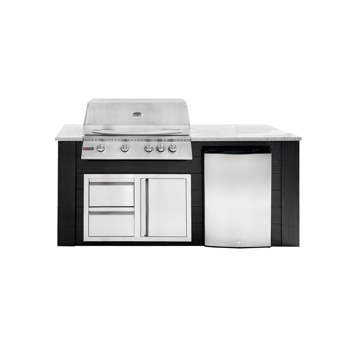 Renaissance Pro-Fit 6-Ft Outdoor Island With White Granite Countertop, Black Cabinet, 32" Propane Gas Grill, Right-Swing Double Drawer/Door and Refrigerator