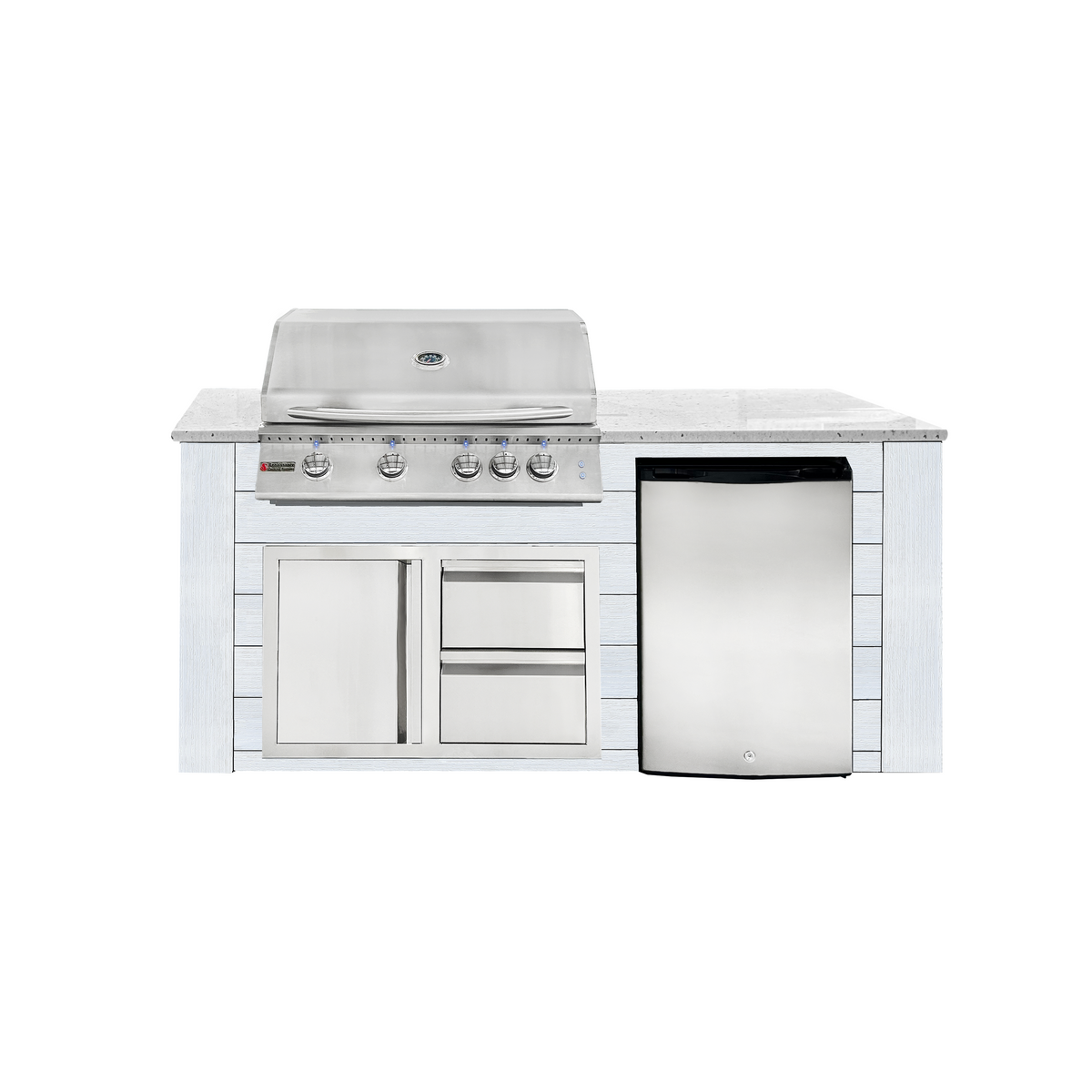 Renaissance Pro-Fit 6-Ft Outdoor Island With White Granite Countertop, White Cabinet, 32" Natural Gas Grill With Lights, Left-Swing Double Drawer/Door and Refrigerator