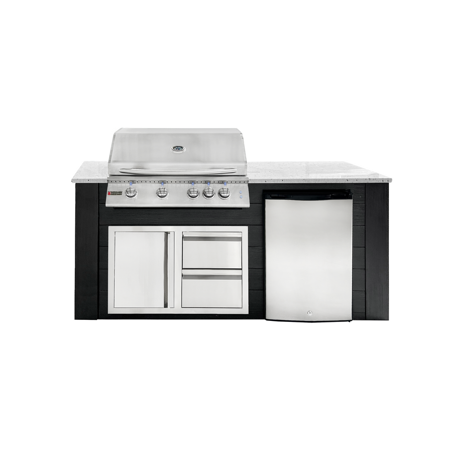 Renaissance Pro-Fit 6-Ft Outdoor Island With White Granite Countertop, Black Cabinet, 32" Natural Gas Grill With Lights, Left-Swing Double Drawer/Door and Refrigerator