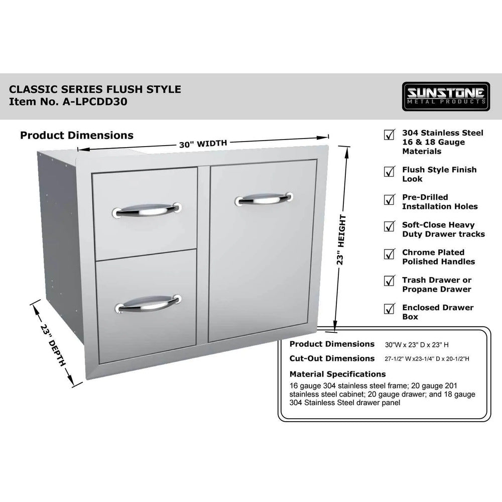 Sunstone Classic Series 30" Stainless Steel Tank Tray Double Drawer Combo