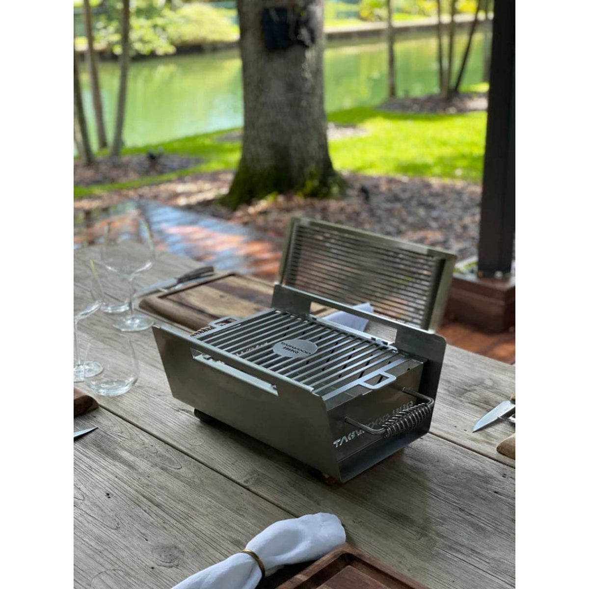 Tagwood BBQ 15" BBQ07SS Stainless Steel Table Top Warming Brazier w/ Acacia Wood Legs
