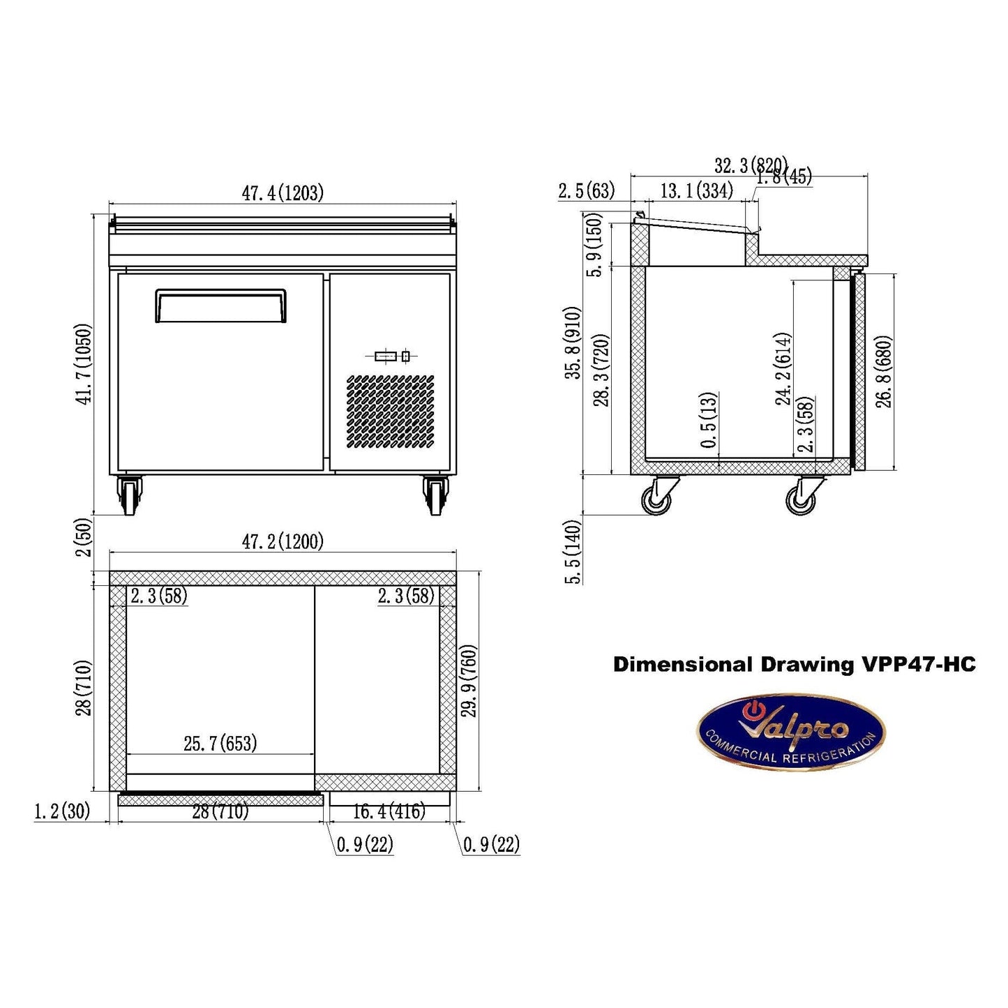Valpro 48" x 32" Stainless Steel Solid 1-Door Refrigerator With 6-Pan Pizza Preparation Table Top