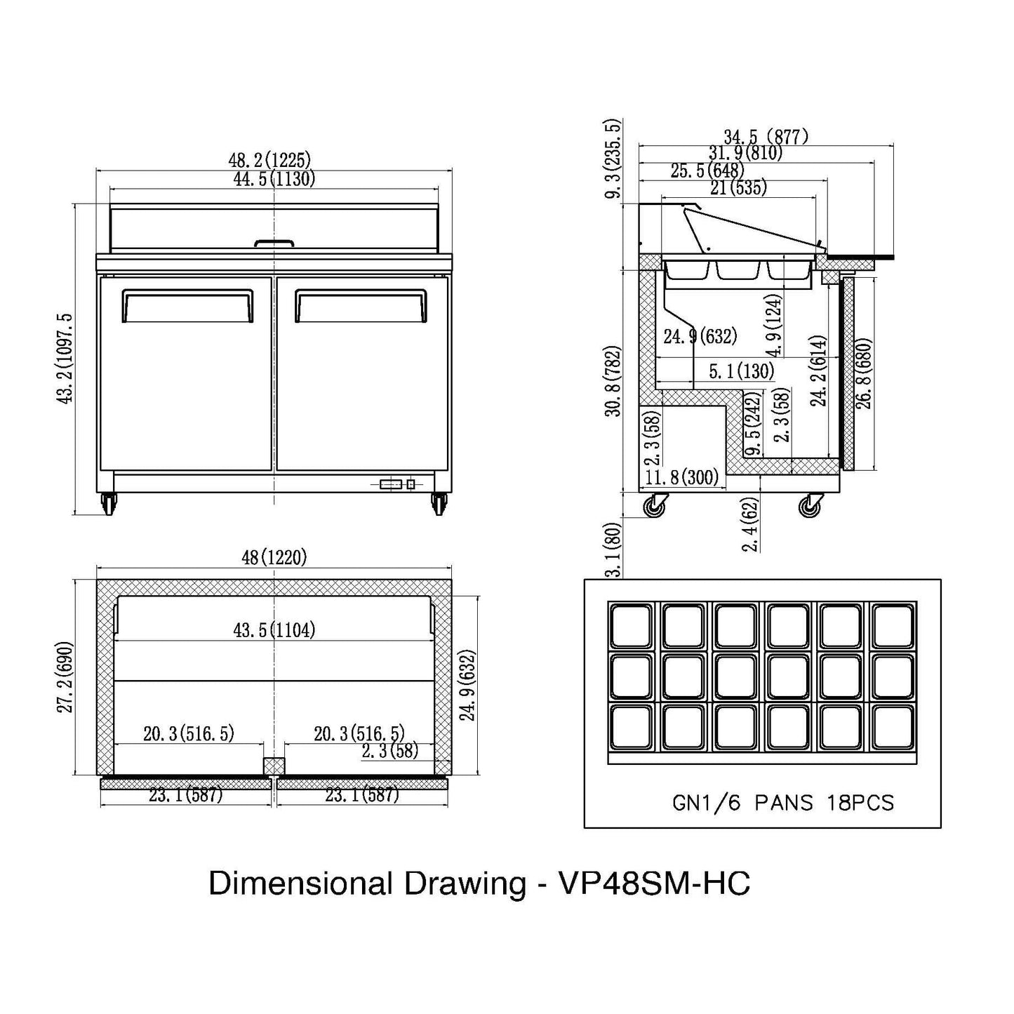 Valpro 48" x 35" Stainless Steel Solid 2-Door Refrigerator With 18-Pan Food Preparation Mega Table Top
