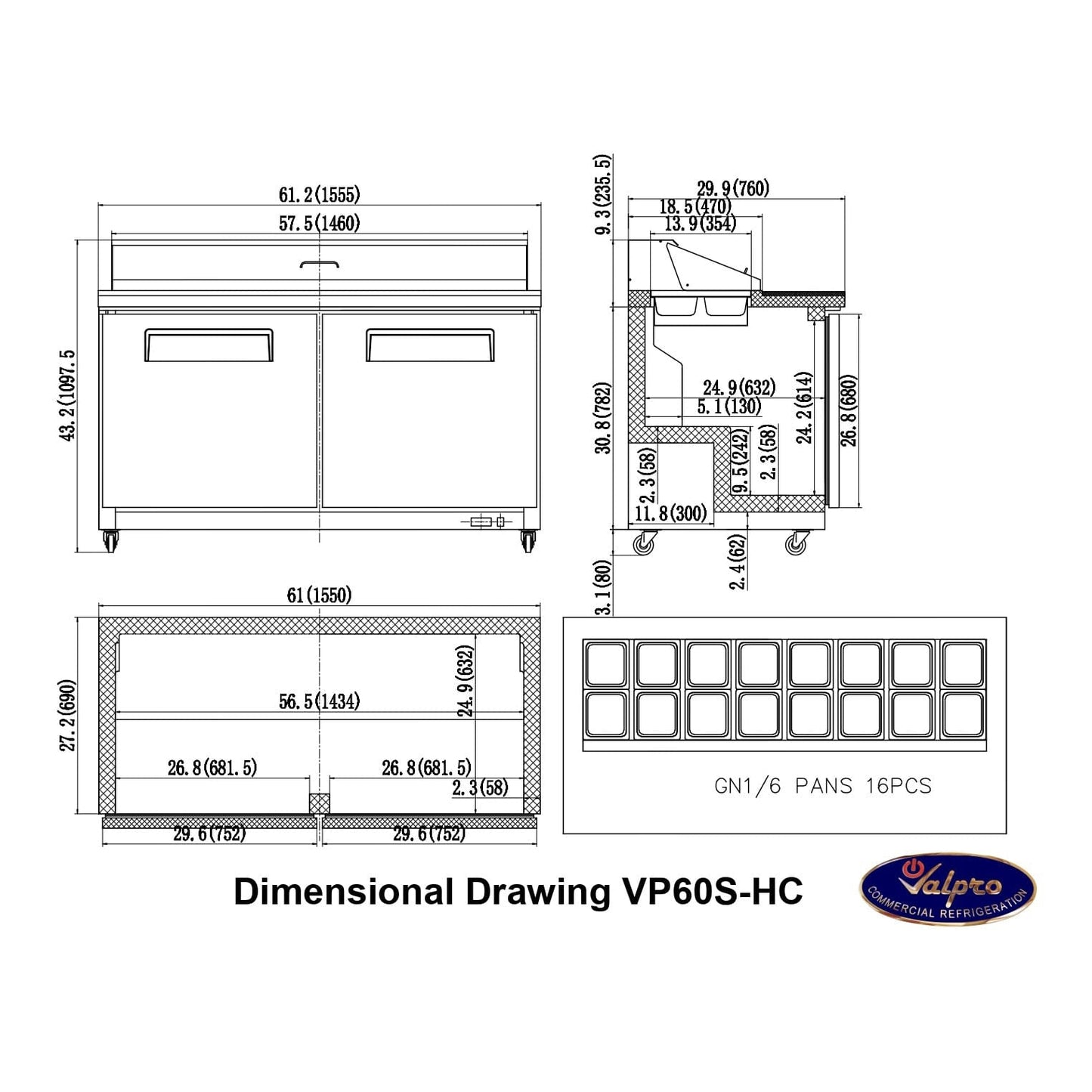 Valpro 61" x 30" Stainless Steel Solid 2-Door Refrigerator With 16-Pan Food Preparation Standard Table Top