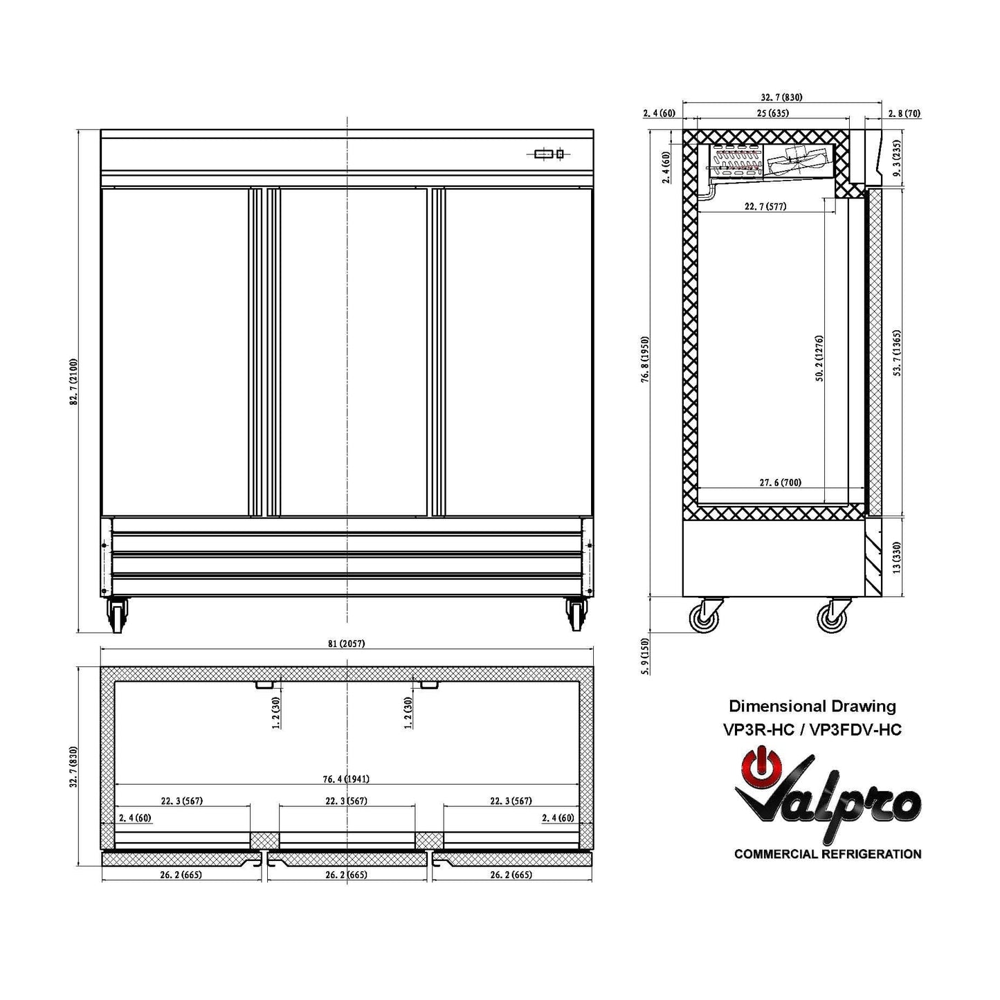 Valpro 72 cu.ft. Stainless Steel Reach-In Solid 3-Door Refrigerator