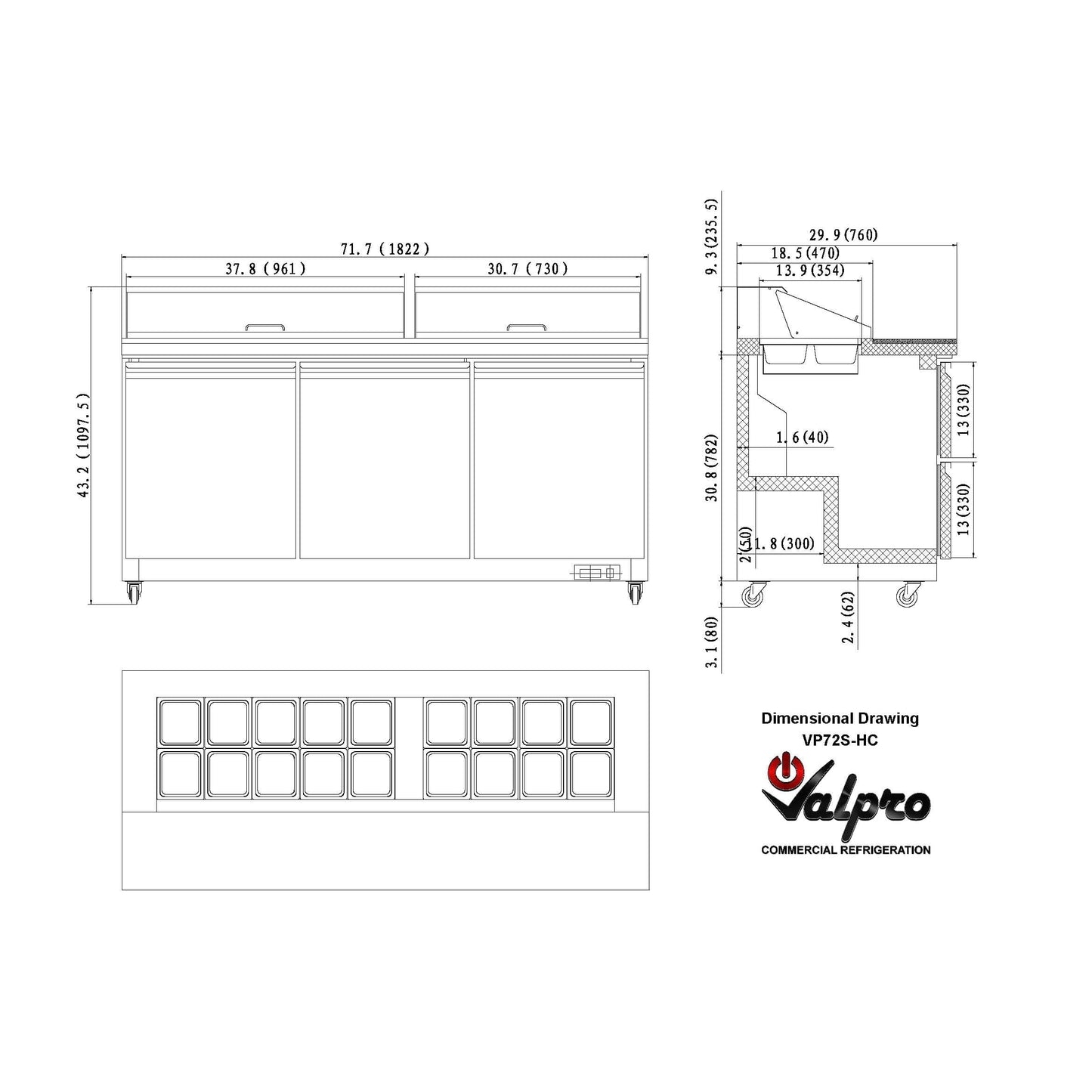 Valpro 72" x 30" Stainless Steel Solid 3-Door Refrigerator With 18-Pan Food Preparation Standard Table Top
