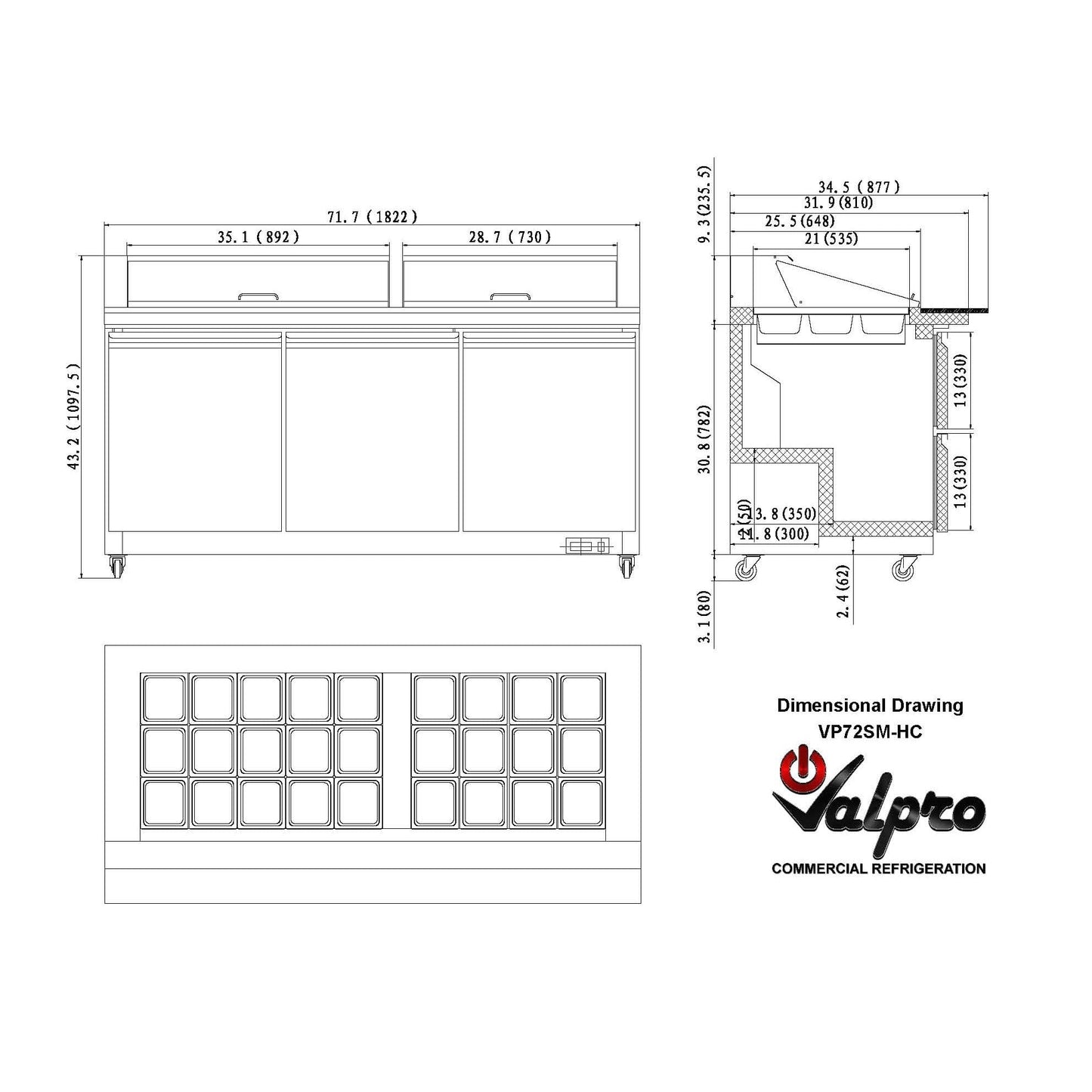 Valpro 72" x 35" Stainless Steel Solid 3-Door Refrigerator With 27-Pan Food Preparation Mega Table Top