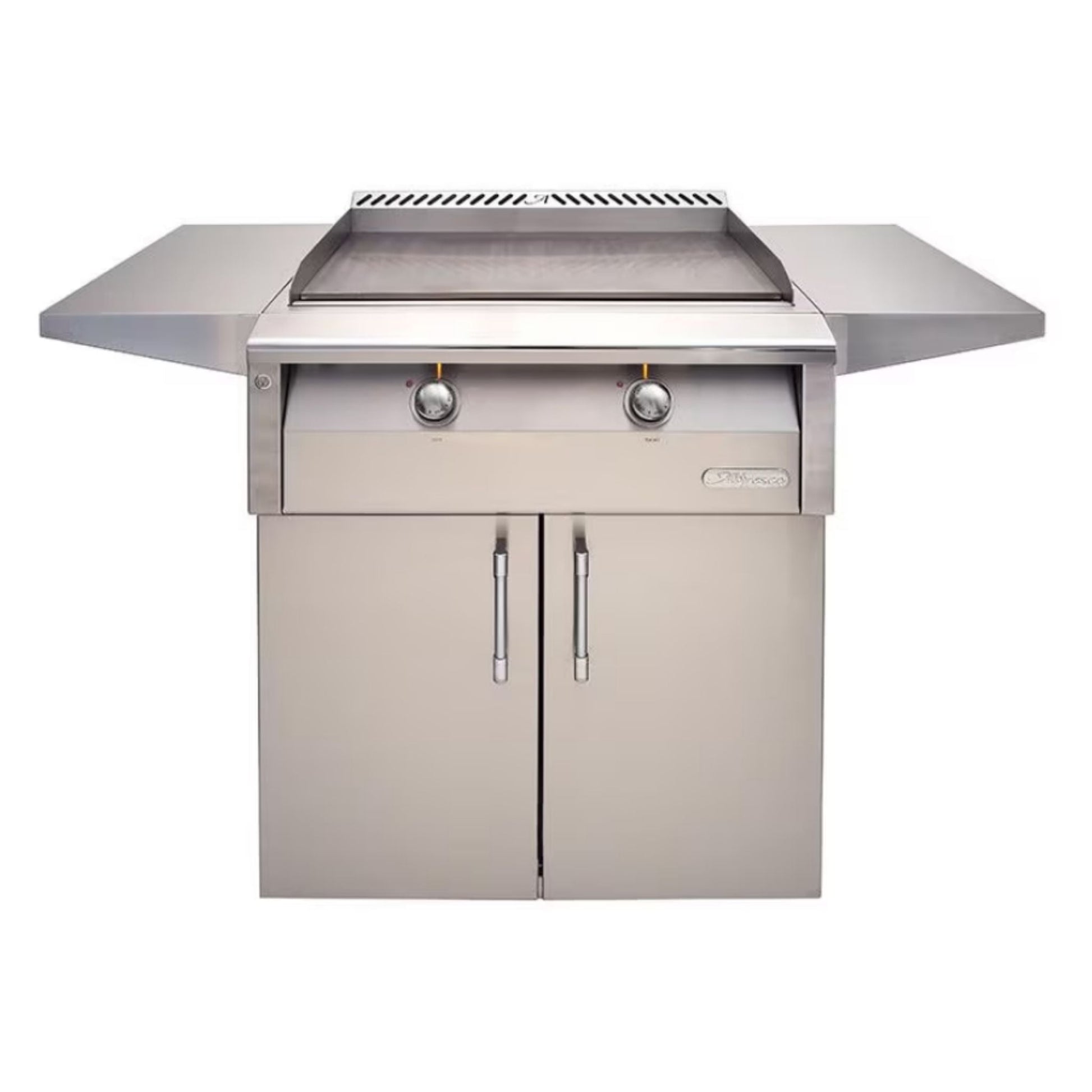 Alfresco 30" Ultramarine Blue Gloss Dual Zone Thermostatically Controlled Gas Griddle Mounted on a 30” 2 Door Cart